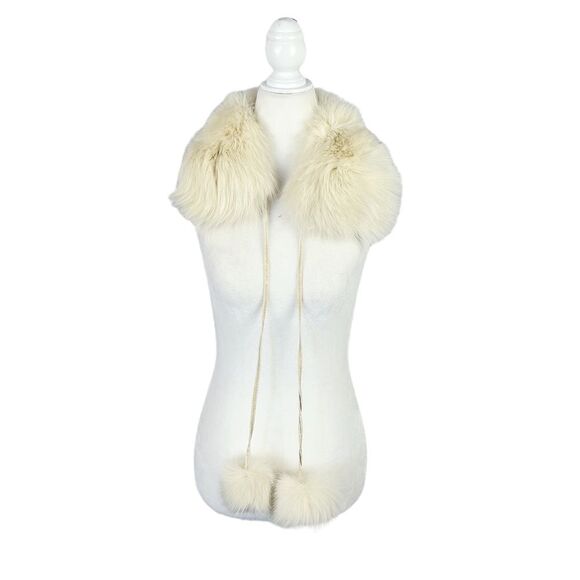 Via Couture White Rabbit Fox Fur Pom Pom Scarf Collar OS - Picture 1 of 8